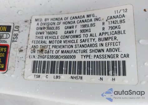 2012 Honda Civic Lx from USA, damaged, VIN 2HGFG3B58CH566909